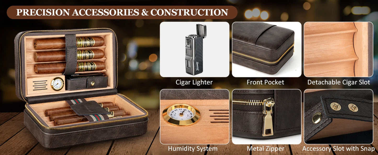 Humidor Cigar & Cigar Lighter,Leather Cigar Case with Cedar Wood Tray,Hygrometer,Humidifier,Cigar Accessories for Men